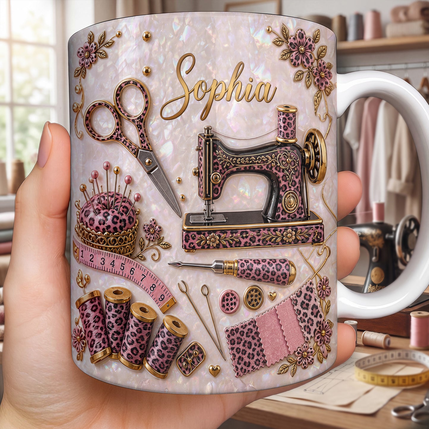A Seamstress With A Passion For Sewing Machine And Leopard Print - Personalized Custom Coffee Mug - HAND120_MG