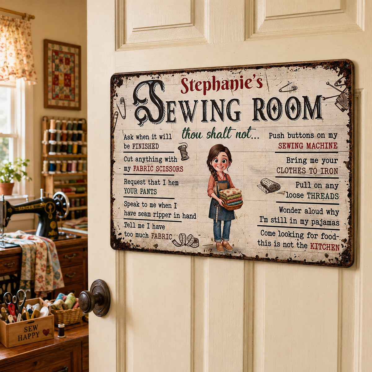 Sewing Room Thou Shalt Not Rules With Fabric And Scissors - Personalized Metal Sign - HAND141_MSIGN