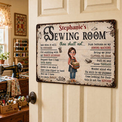 Sewing Room Thou Shalt Not Rules With Fabric And Scissors - Personalized Metal Sign - HAND141_MSIGN