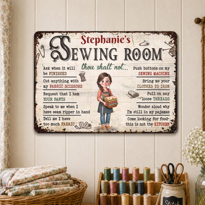 Sewing Room Thou Shalt Not Rules With Fabric And Scissors - Personalized Metal Sign - HAND141_MSIGN