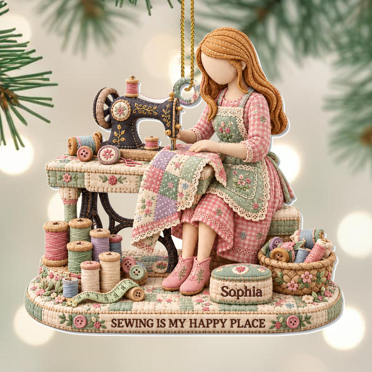Sewing Is My Happy Place Vintage Sewing Machine And Threads - Personalized Custom Acrylic Ornament, Christmas Gift - HAND209_ACO