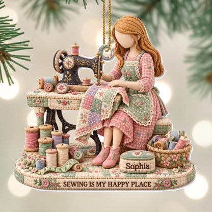 Sewing Is My Happy Place Vintage Sewing Machine And Threads - Personalized Custom Acrylic Ornament, Christmas Gift - HAND209_ACO