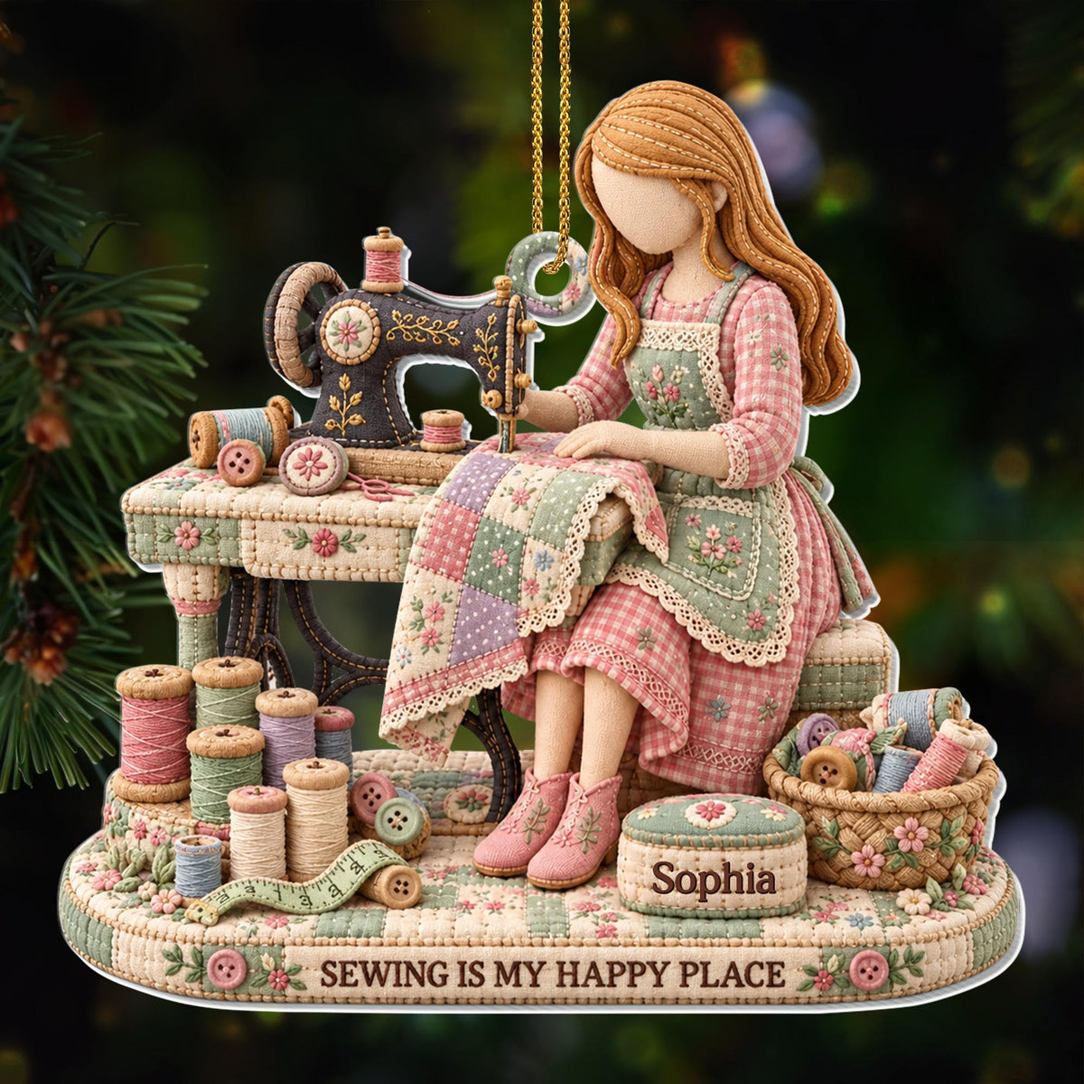 Sewing Is My Happy Place Vintage Sewing Machine And Threads - Personalized Custom Acrylic Ornament, Christmas Gift - HAND209_ACO