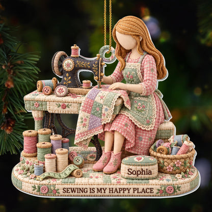 Sewing Is My Happy Place Vintage Sewing Machine And Threads - Personalized Custom Acrylic Ornament, Christmas Gift - HAND209_ACO