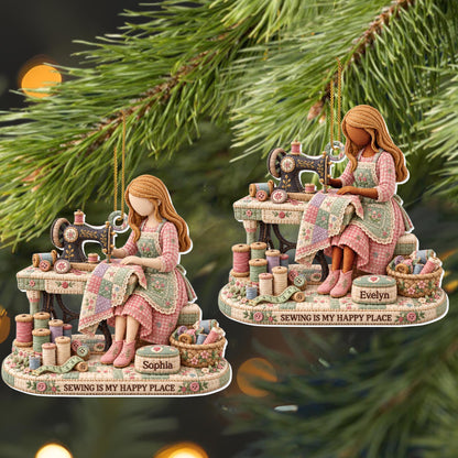 Sewing Is My Happy Place Vintage Sewing Machine And Threads - Personalized Custom Acrylic Ornament, Christmas Gift - HAND209_ACO