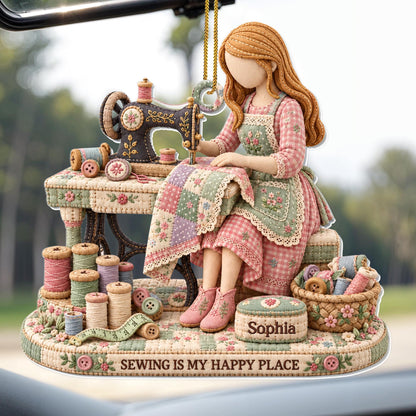 Sewing Is My Happy Place Vintage Sewing Machine And Threads - Personalized Custom Acrylic Ornament, Christmas Gift - HAND209_ACO