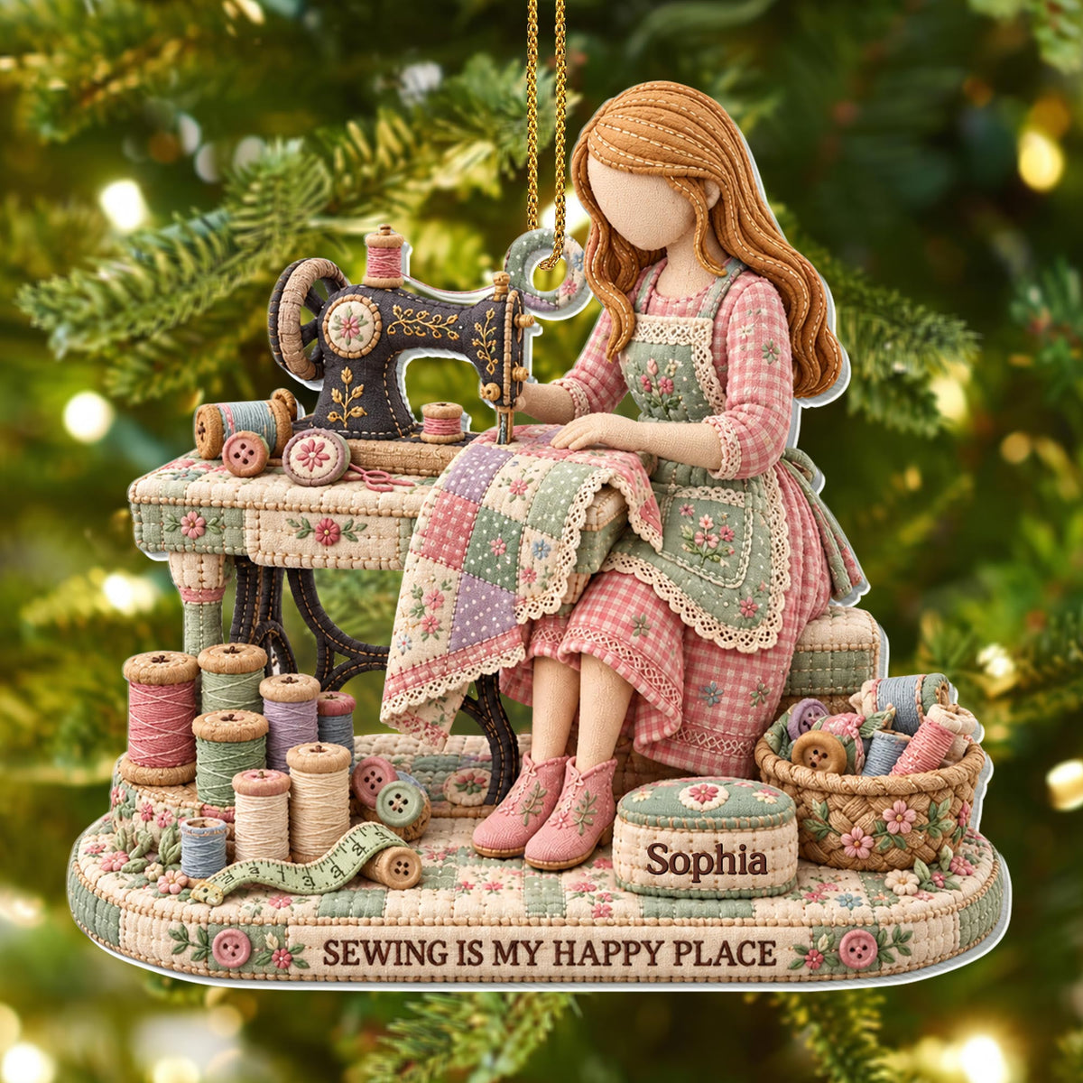 Sewing Is My Happy Place Vintage Sewing Machine And Threads - Personalized Custom Acrylic Ornament, Christmas Gift - HAND209_ACO