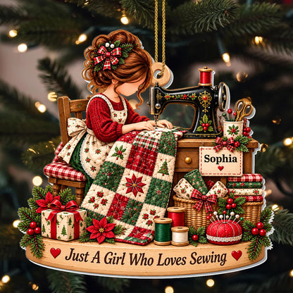 Just A Girl Who Loves Sewing With Sewing Machine and Quilt - Personalized Custom Acrylic Ornament, Christmas Gift - HAND225_ACO