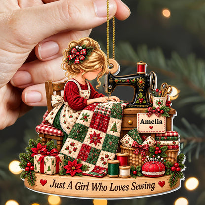 Just A Girl Who Loves Sewing With Sewing Machine and Quilt - Personalized Custom Acrylic Ornament, Christmas Gift - HAND225_ACO