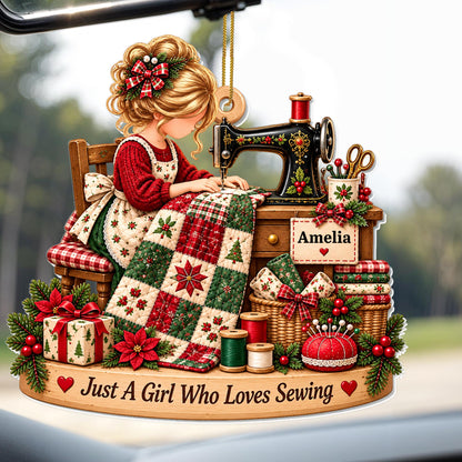 Just A Girl Who Loves Sewing With Sewing Machine and Quilt - Personalized Custom Acrylic Ornament, Christmas Gift - HAND225_ACO