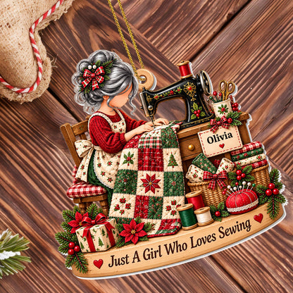 Just A Girl Who Loves Sewing With Sewing Machine and Quilt - Personalized Custom Acrylic Ornament, Christmas Gift - HAND225_ACO