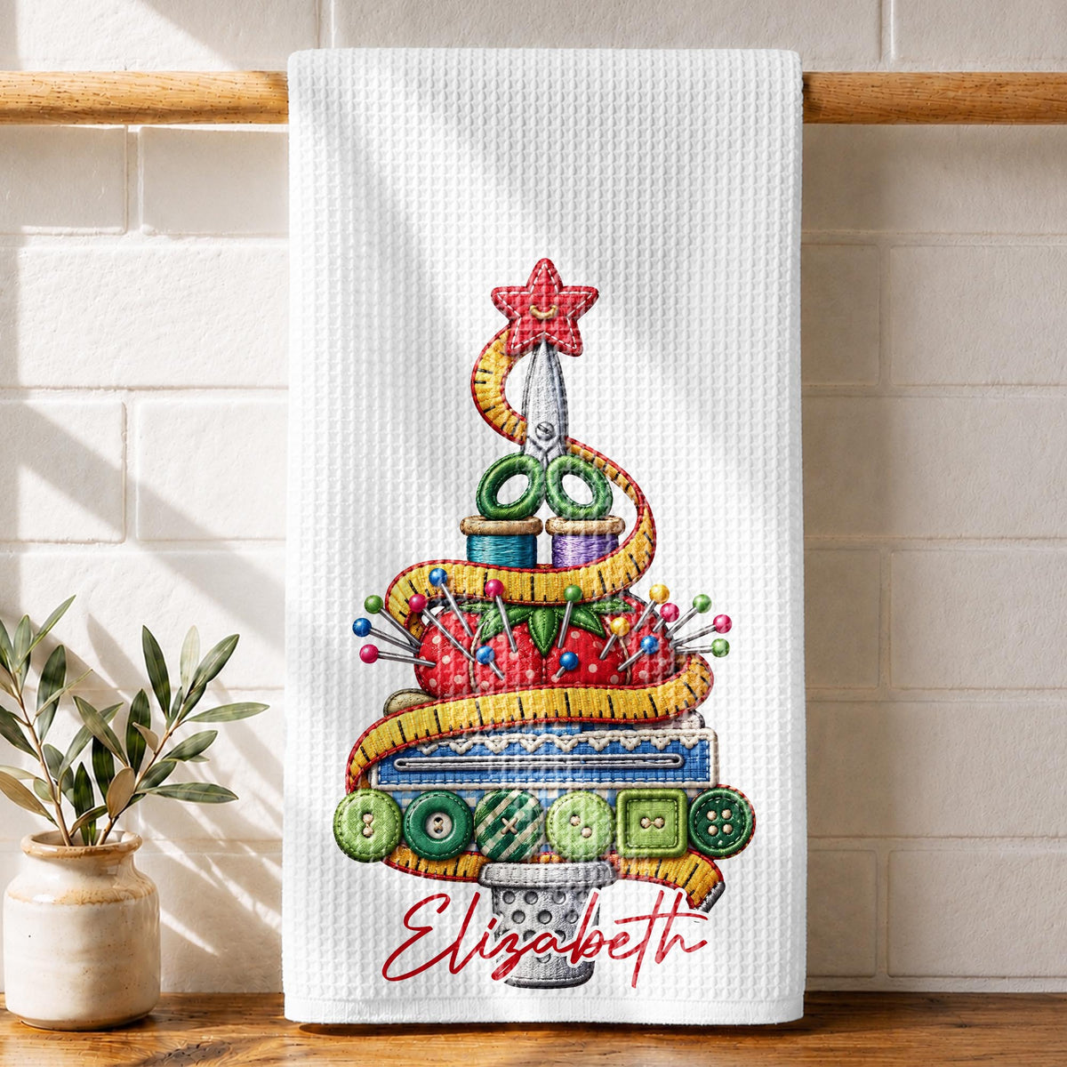 A Creative Christmas Tree Crafted With Sewing Tools And Buttons - Personalized Kitchen Towel - HAND230_TOWL