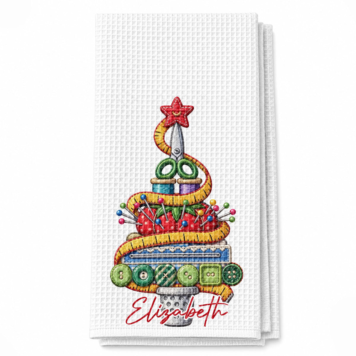 A Creative Christmas Tree Crafted With Sewing Tools And Buttons - Personalized Kitchen Towel - HAND230_TOWL