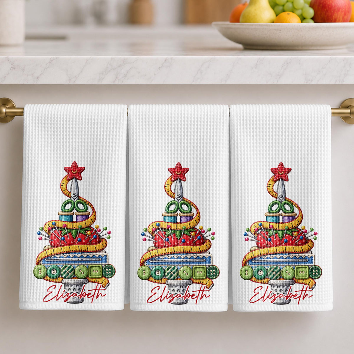A Creative Christmas Tree Crafted With Sewing Tools And Buttons - Personalized Kitchen Towel - HAND230_TOWL