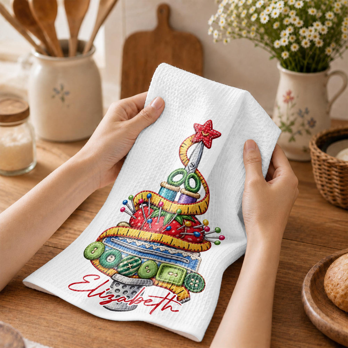 A Creative Christmas Tree Crafted With Sewing Tools And Buttons - Personalized Kitchen Towel - HAND230_TOWL
