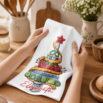 A Creative Christmas Tree Crafted With Sewing Tools And Buttons - Personalized Kitchen Towel - HAND230_TOWL