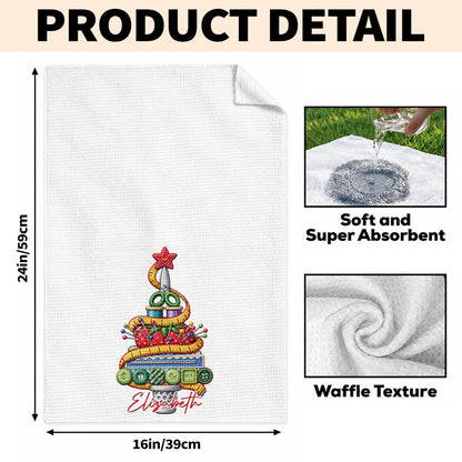 A Creative Christmas Tree Crafted With Sewing Tools And Buttons - Personalized Kitchen Towel - HAND230_TOWL