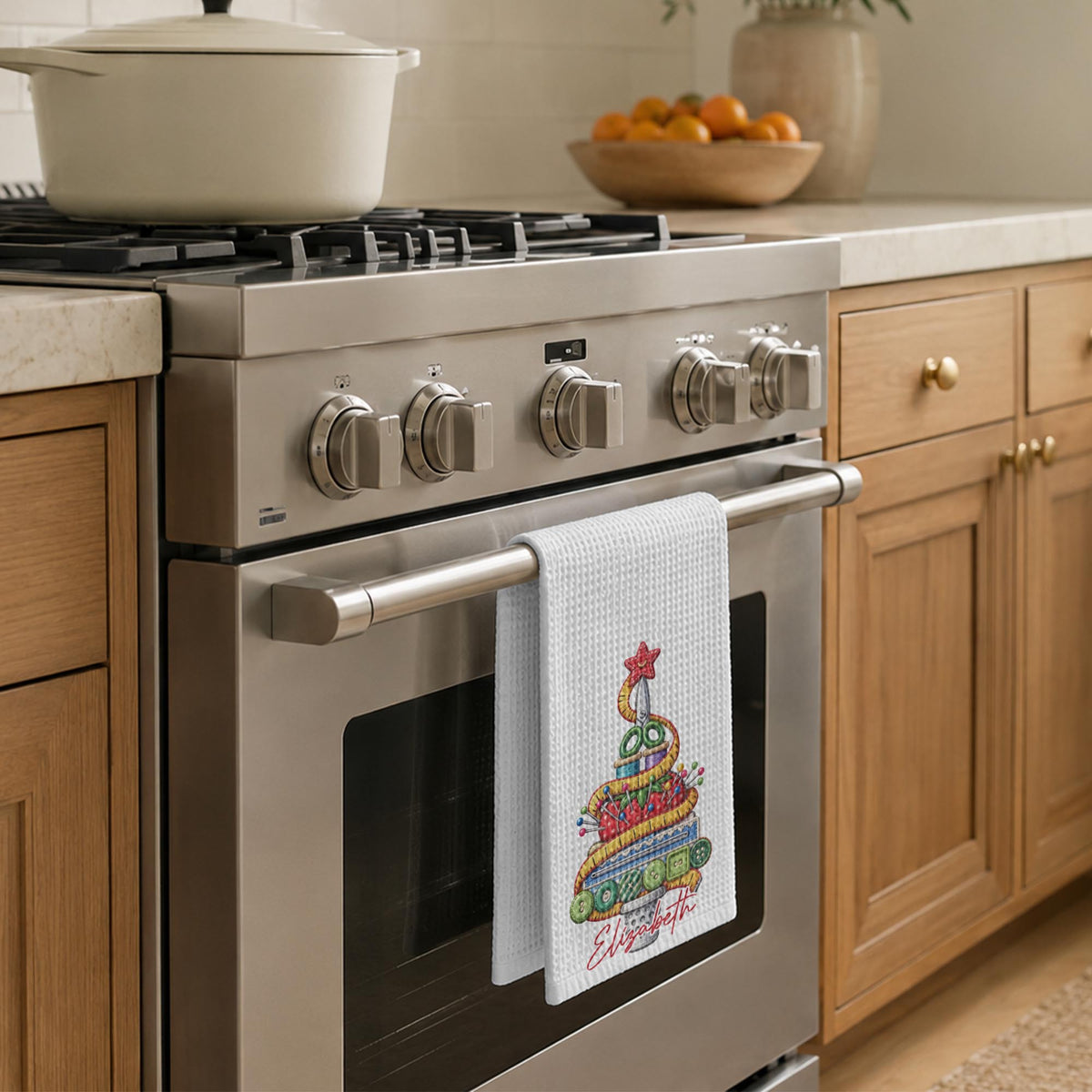 A Creative Christmas Tree Crafted With Sewing Tools And Buttons - Personalized Kitchen Towel - HAND230_TOWL