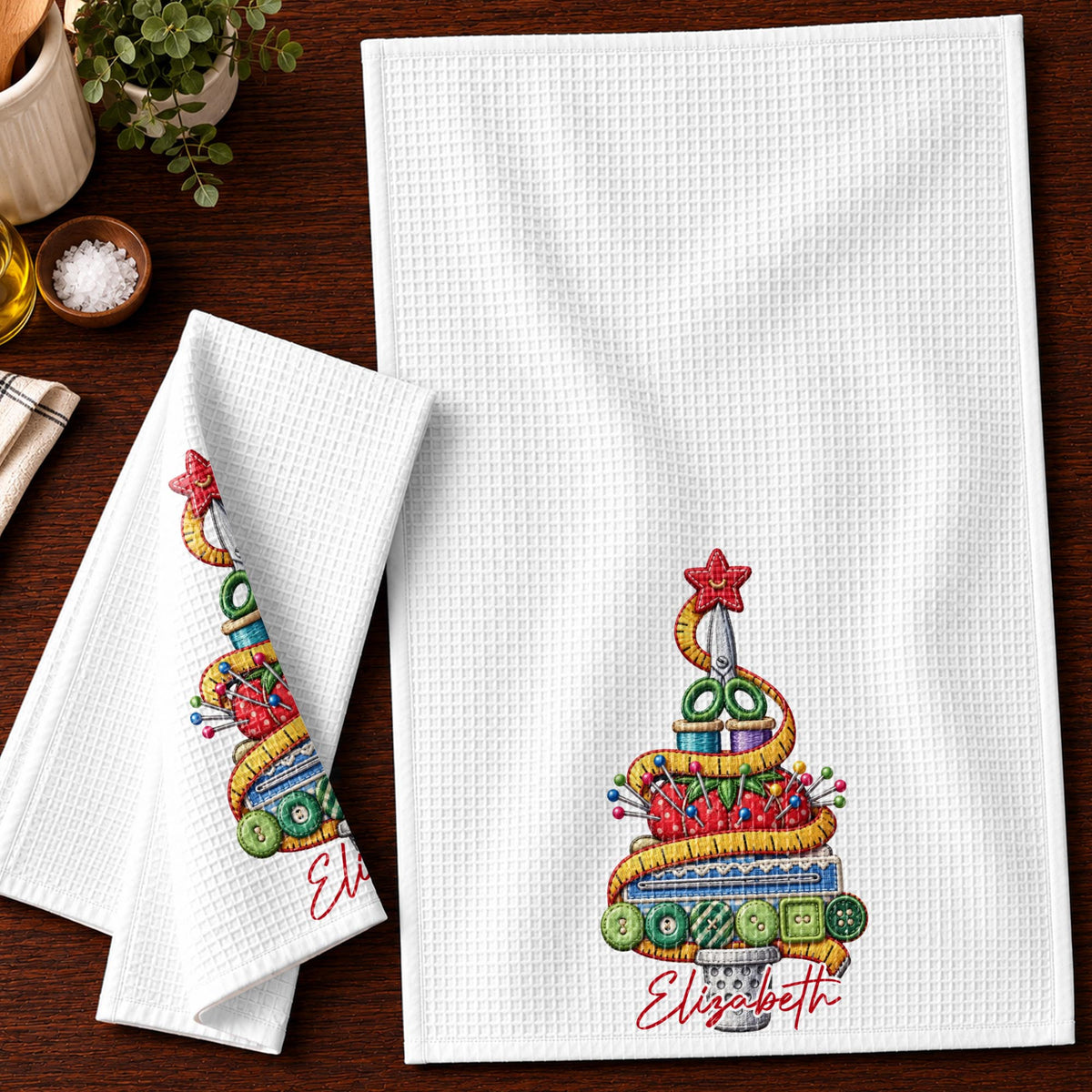 A Creative Christmas Tree Crafted With Sewing Tools And Buttons - Personalized Kitchen Towel - HAND230_TOWL