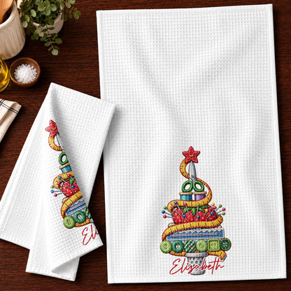 A Creative Christmas Tree Crafted With Sewing Tools And Buttons - Personalized Kitchen Towel - HAND230_TOWL