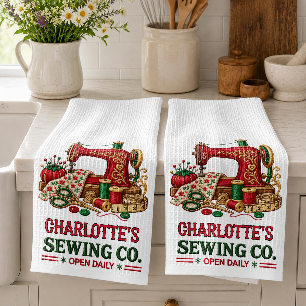 Sewing Co Open Daily Vintage Sewing Machine And Crafting Tools - Personalized Kitchen Towel - HAND234_TOWL