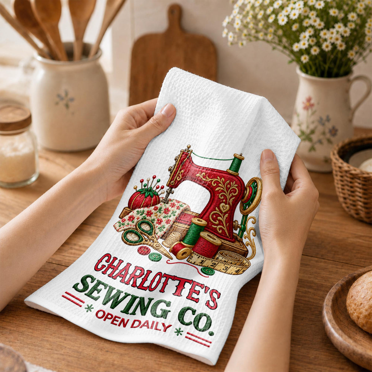 Sewing Co Open Daily Vintage Sewing Machine And Crafting Tools - Personalized Kitchen Towel - HAND234_TOWL