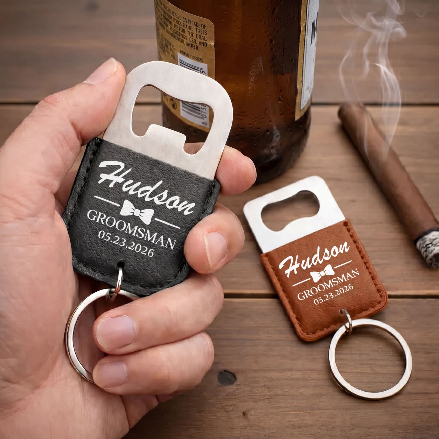 Groomsman Bow Tie Personalized Gift For Wedding Party - Personalized Leather Bottle Opener Keychain - HIM026_LEBOK