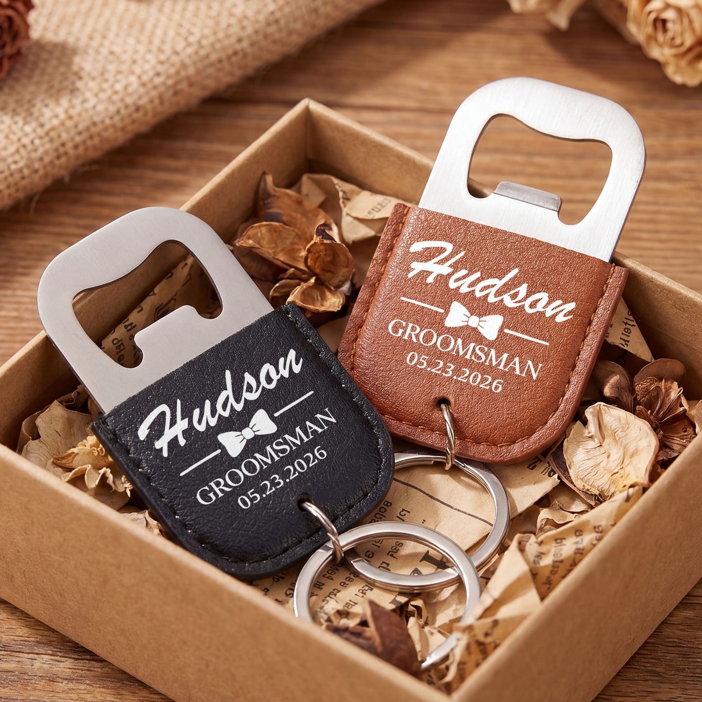 Groomsman Bow Tie Personalized Gift For Wedding Party - Personalized Leather Bottle Opener Keychain - HIM026_LEBOK