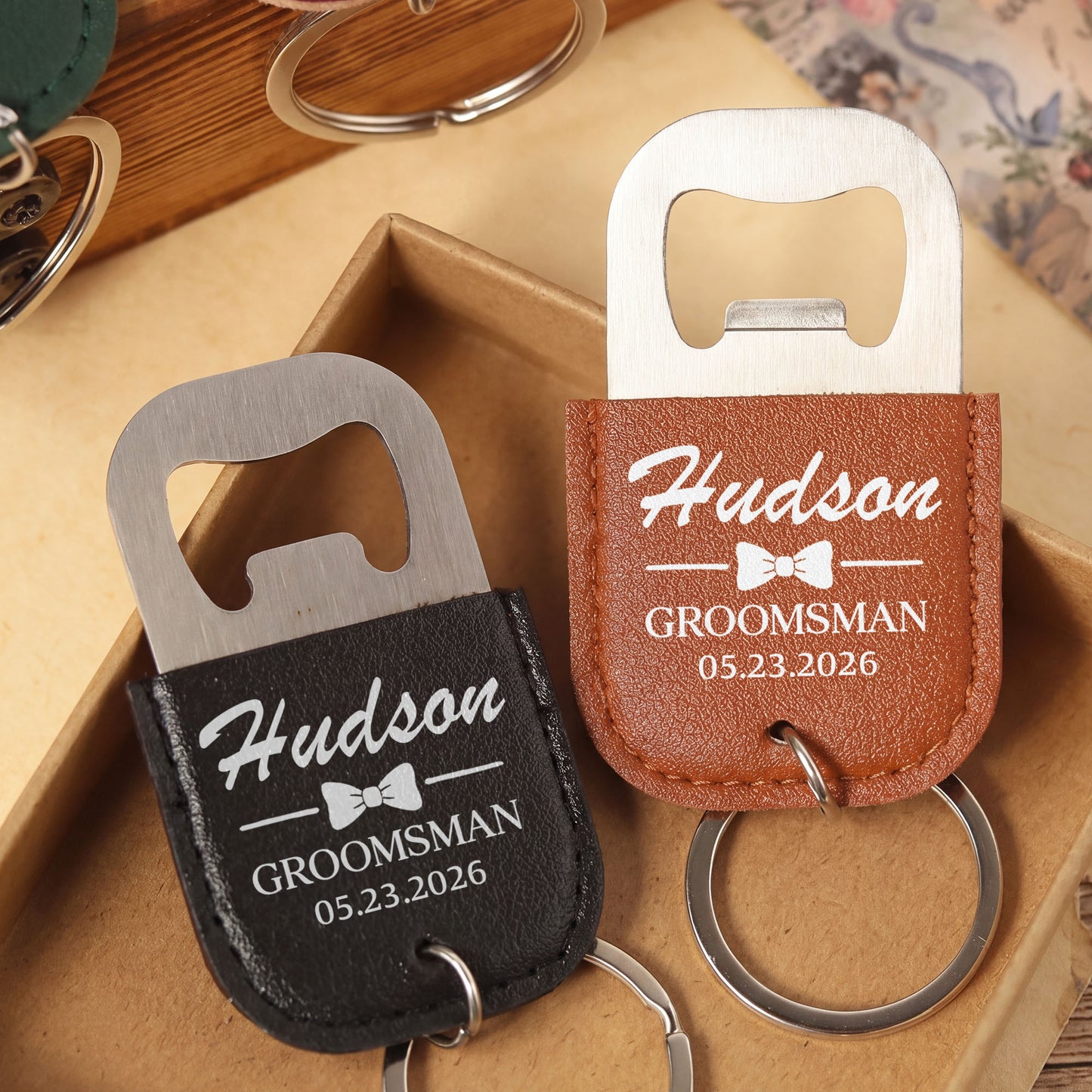 Groomsman Bow Tie Personalized Gift For Wedding Party - Personalized Leather Bottle Opener Keychain - HIM026_LEBOK