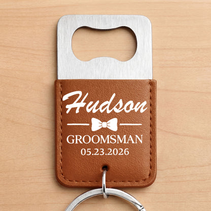 Groomsman Bow Tie Personalized Gift For Wedding Party - Personalized Leather Bottle Opener Keychain - HIM026_LEBOK