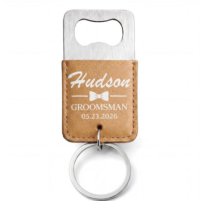 Groomsman Bow Tie Personalized Gift For Wedding Party - Personalized Leather Bottle Opener Keychain - HIM026_LEBOK
