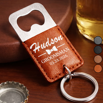 Groomsman Bow Tie Personalized Gift For Wedding Party - Personalized Leather Bottle Opener Keychain - HIM026_LEBOK