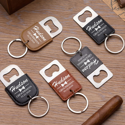Groomsman Bow Tie Personalized Gift For Wedding Party - Personalized Leather Bottle Opener Keychain - HIM026_LEBOK