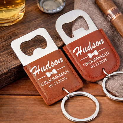 Groomsman Bow Tie Personalized Gift For Wedding Party - Personalized Leather Bottle Opener Keychain - HIM026_LEBOK