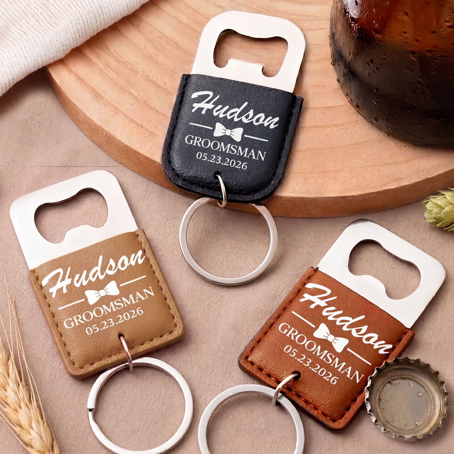 Groomsman Bow Tie Personalized Gift For Wedding Party - Personalized Leather Bottle Opener Keychain - HIM026_LEBOK