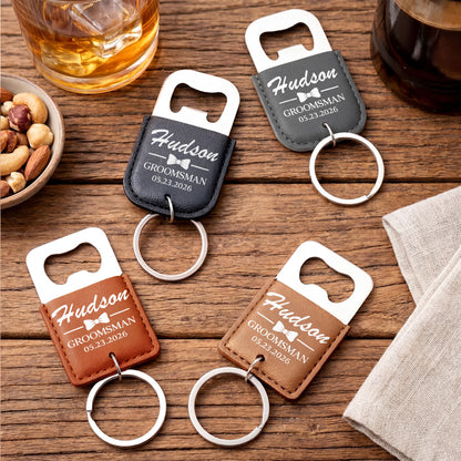 Groomsman Bow Tie Personalized Gift For Wedding Party - Personalized Leather Bottle Opener Keychain - HIM026_LEBOK