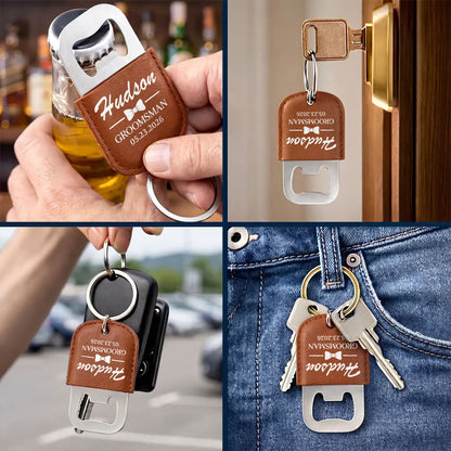 Groomsman Bow Tie Personalized Gift For Wedding Party - Personalized Leather Bottle Opener Keychain - HIM026_LEBOK