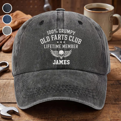 100% Grumpy Old Farts Club Lifetime Member Skull Wings - Personalized Custom Washed Denim Cap - HIM035_WDCAP