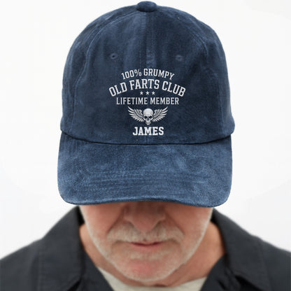 100% Grumpy Old Farts Club Lifetime Member Skull Wings - Personalized Custom Washed Denim Cap - HIM035_WDCAP