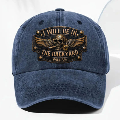 I Will Be In The Backyard Skull Wings Cigar Whiskey - Personalized Custom Washed Denim Cap - HIM039_WDCAP