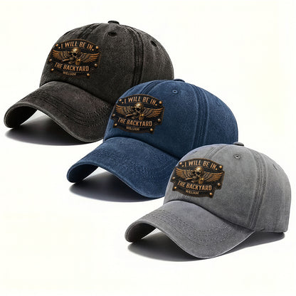 I Will Be In The Backyard Skull Wings Cigar Whiskey - Personalized Custom Washed Denim Cap - HIM039_WDCAP