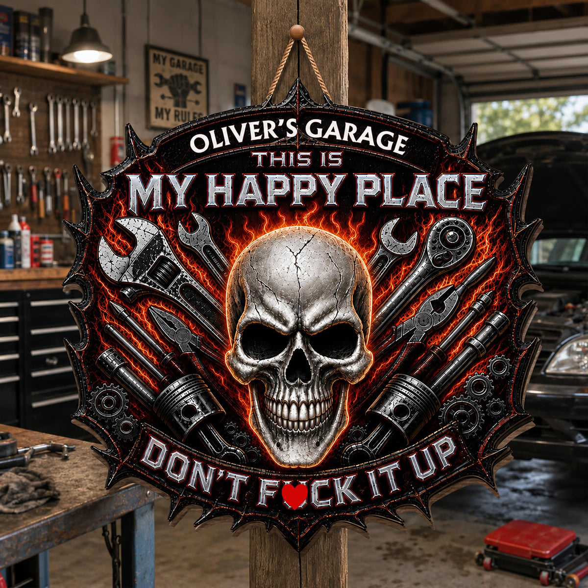 My Happy Place Skull And Tools Don't F*ck It Up Garage - Personalized Custom Shaped Wood Sign - HIM086_WSIGN