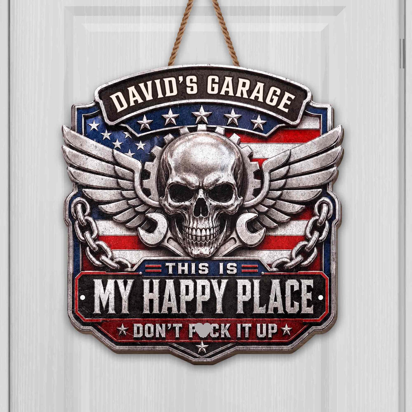 My Happy Place Skull With Wings And Wrenches Garage Sign - Personalized Custom Shaped Wood Sign - HIM104_WSIGN
