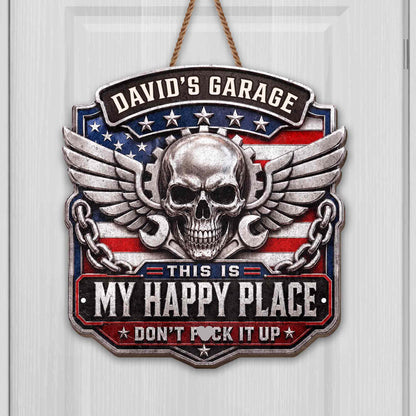 My Happy Place Skull With Wings And Wrenches Garage Sign - Personalized Custom Shaped Wood Sign - HIM104_WSIGN