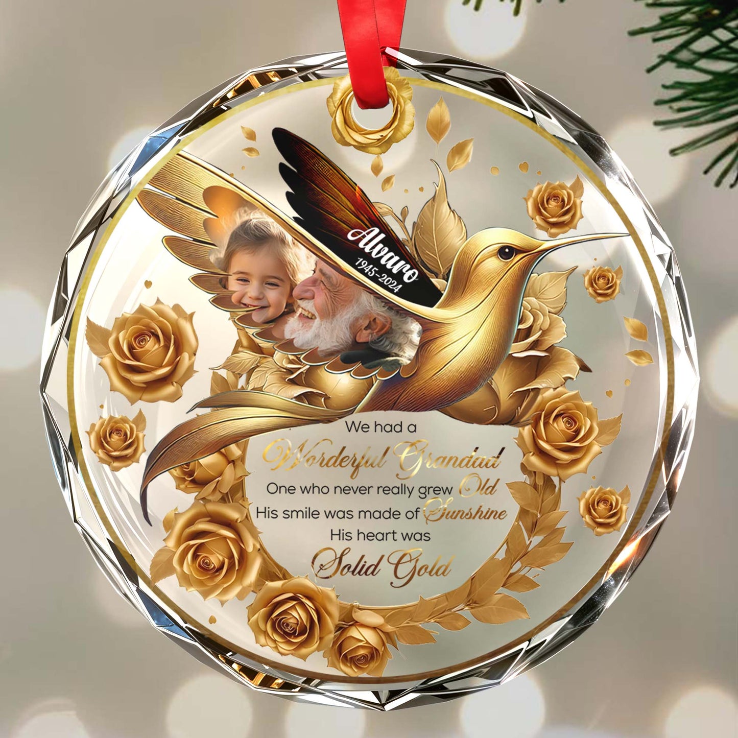 Wonderful Grandad Ornament With Golden Roses And Hummingbird