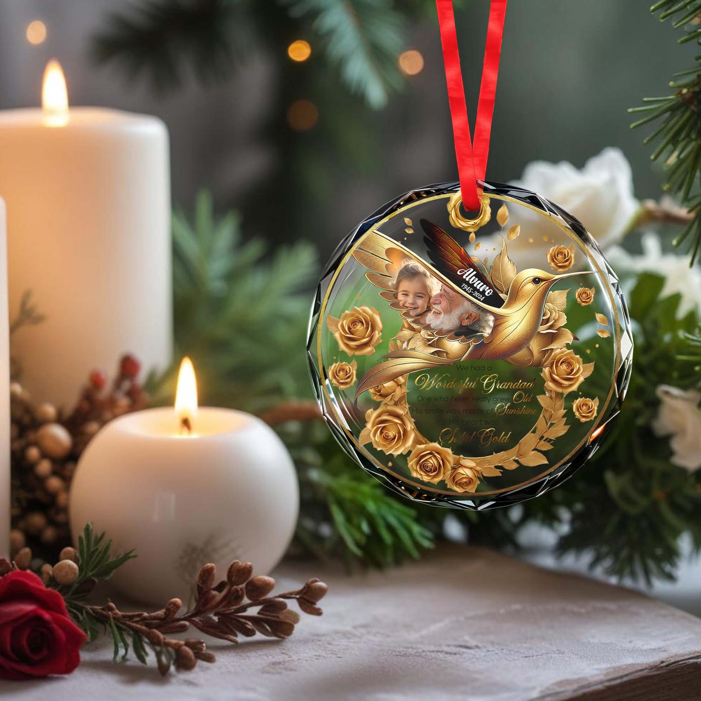 Wonderful Grandad Ornament With Golden Roses And Hummingbird