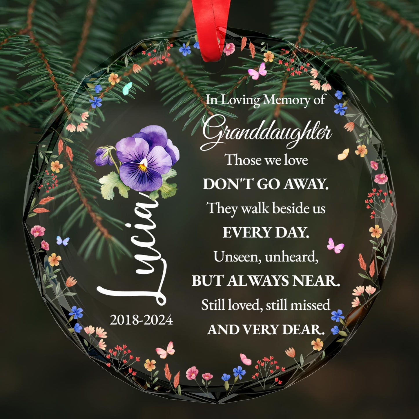 In Loving Memory Granddaughter Memorial Glass Ornament With Flowers