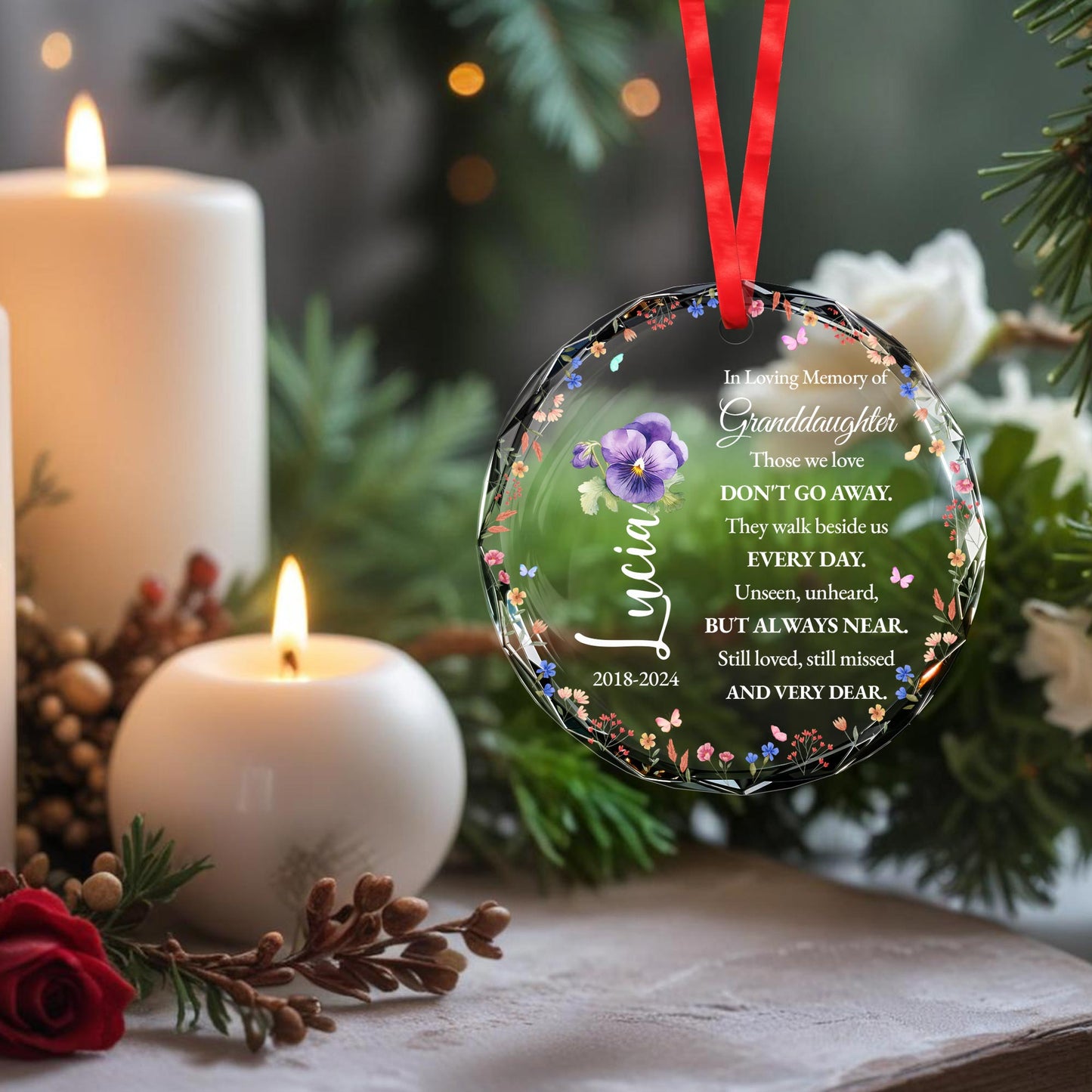 In Loving Memory Granddaughter Memorial Glass Ornament With Flowers