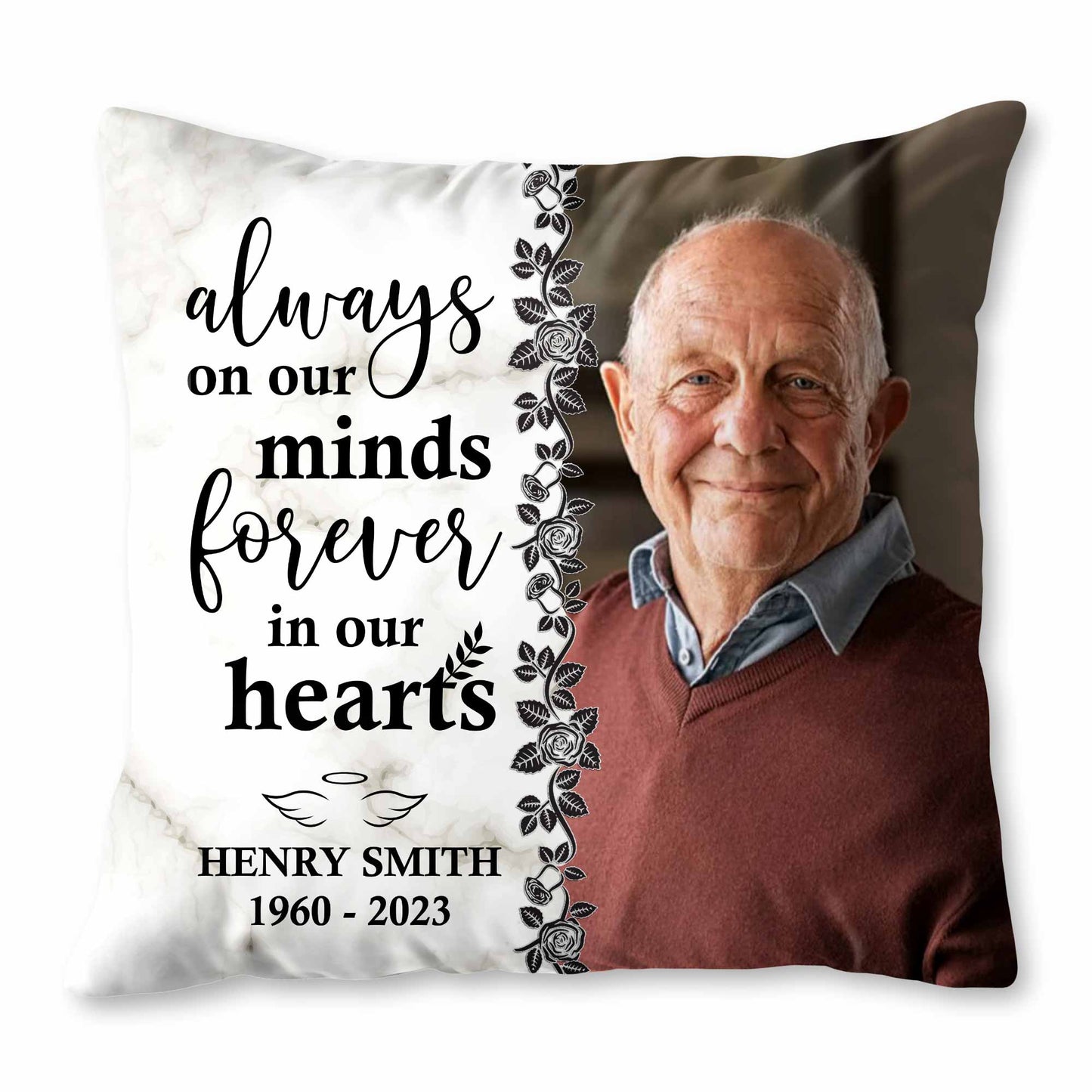 Toujours dans nos esprits, pour toujours dans nos cœurs avec des roses et des feuilles - Oreiller personnalisé, insert inclus - HME113_PLW