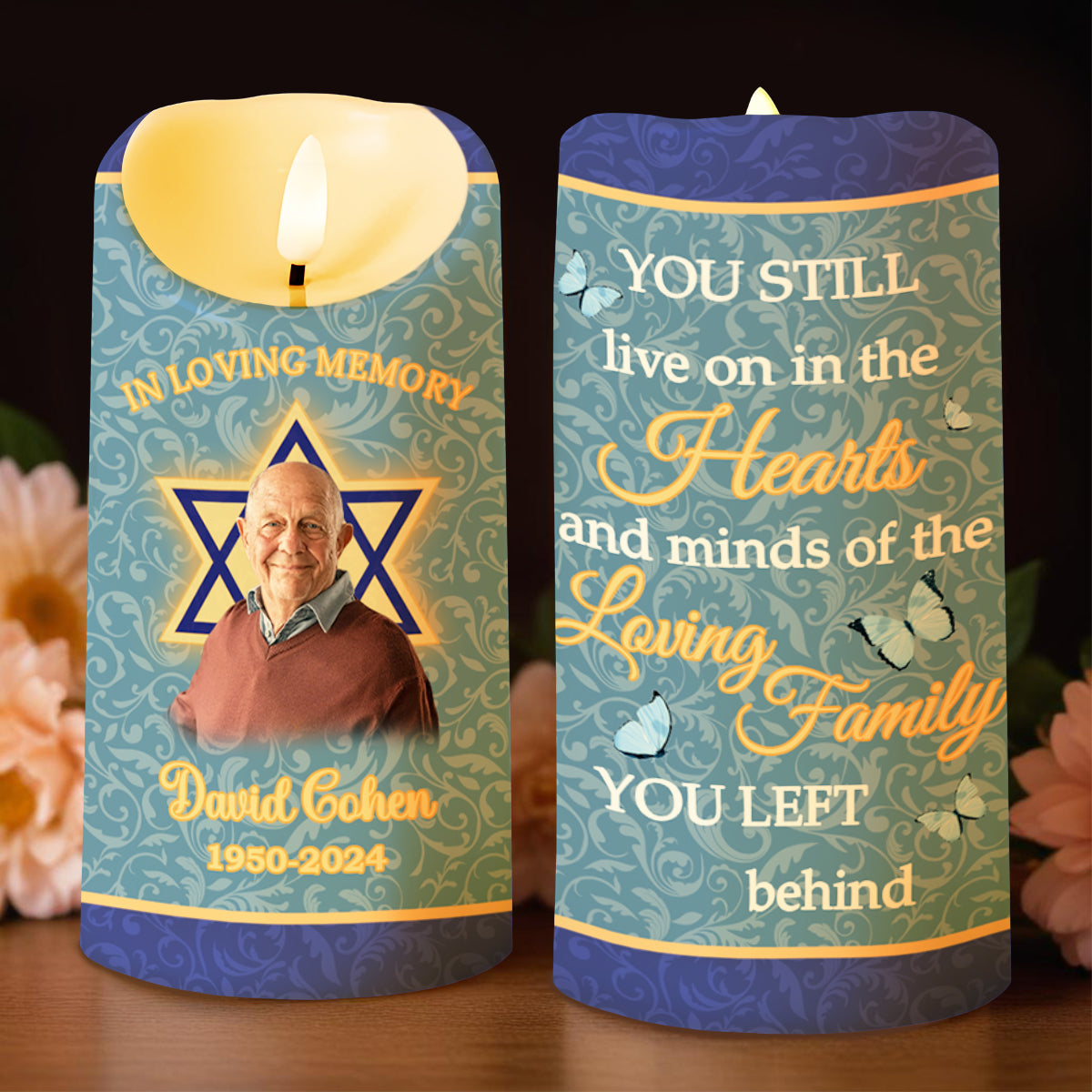 Live On In The Hearts, Star Of David And Butterflies LED Candle